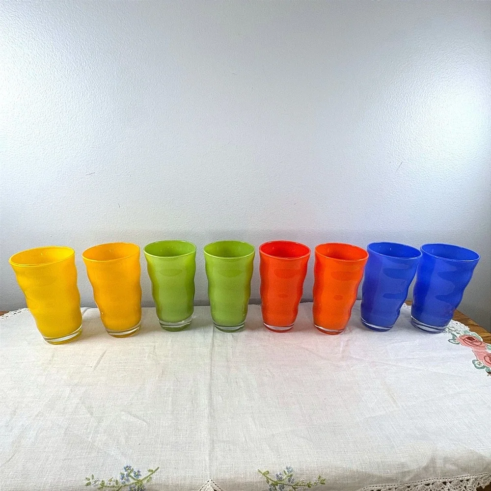 Absolutely AMAZING Dansk Rio 8pc Rainbow Hand Blown Art Glass Wavy Tumblers